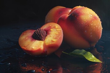 Poster - Fresh peaches sit atop a wooden table, ready for snacking or decoration