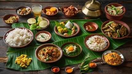 Wall Mural - A table full of food with a lot of rice and a lot of different dishes. The table is covered with a green leaf