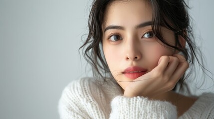 Wall Mural - An up-close portrait of a young woman looking into the camera