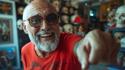 cheerful elderly archaeologist in his laboratory, against the background of shelves with artifacts.