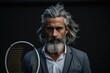 © Al - A man with gray hair holds a tennis racket against the background of a court. old man. athlete. sport. big tennis