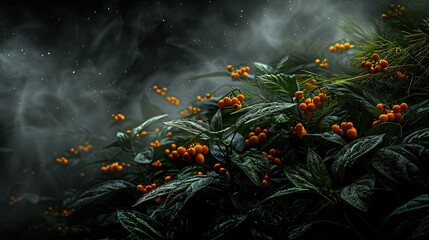 Wall Mural -   A lush green leaf-filled forest brimming with orange berries on a bush top