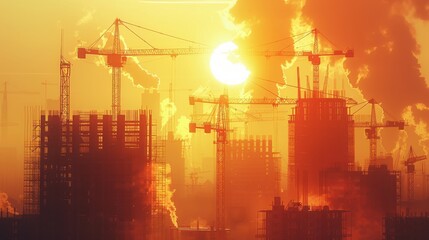 Sticker - An aerial view of a construction site with a crane and a building in the background