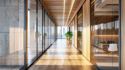 Poster - A long hallway with wooden floors and glass walls