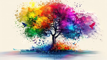 Poster -   A vibrant watercolor depiction of a tree standing tall atop a serene body of water, adorned with a radiant rainbow hue Birds gracefully so