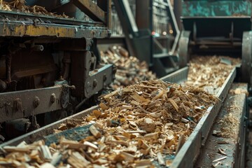 Wall Mural - A conveyor belt is full of wood chips