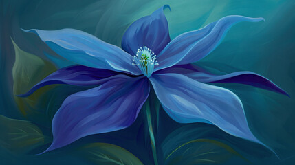 Poster -   Blue Flower Painting - Large blue flower with green leaves, blue background