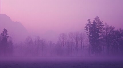 Wall Mural -   A hazy landscape featuring trees up front and a distant mountain with a rosy sky as the backdrop