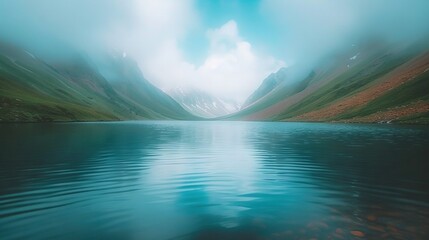 Canvas Print -  Mountains surround a body of water below a cloudy sky, with a clear blue sky visible in the center