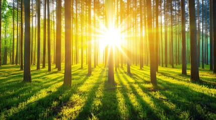 Wall Mural -   The sun shines brightly through tall trees, casting dappled light on lush, emerald grass in the background