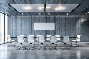 Wall Mural - Minimalist modern office interior with blue gray wood paneling wall, white chairs and black glass table Generative AI