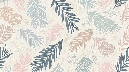 Poster -   A blue and pink wallpaper features palm leaves on a white background, with shades of pink, blue, and green leaves