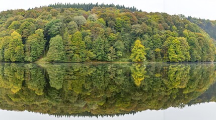 Poster -   A vast expanse of water encircled by dense vegetation featuring abundant green and yellow foliage, set against an overcast sky