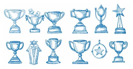 Wall Mural - Hand drawn doodle sketch style champion trophy set. Cup, champion medal, and win certificate. Victory, achievement, and success elements. Modern illustration.