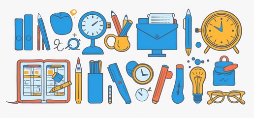 Business time management, project deadline concept with doodle sketch style icons of alarm clock, calendar, stopwatch. Modern illustration.