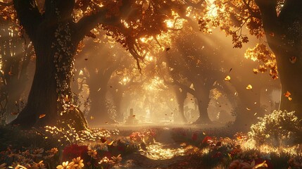 Wall Mural -   The sun illuminates the trees and leaves in a forest along a path in the foreground, featuring vibrant flowers in the background