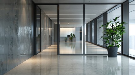 Canvas Print - A long hallway with a single plant in a pot, providing some greenery to the space