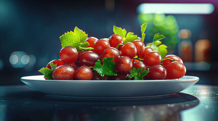 Poster -   A plate of red tomatoes on a wooden table, surrounded by a lush green plant