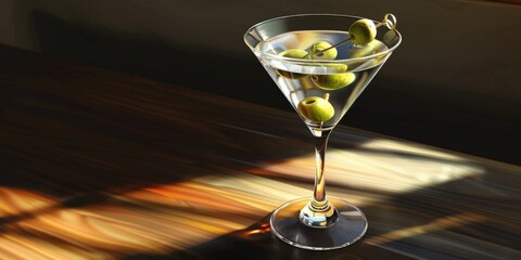 A martini glass filled with green olives sitting on a table