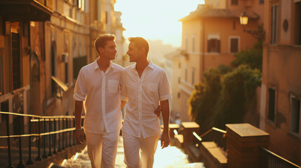 As the sun begins to set, two men stroll arm in arm through a beautifully picturesque street, capturing a heartfelt moment of love and deep connection within a wonderfully charming historic setting