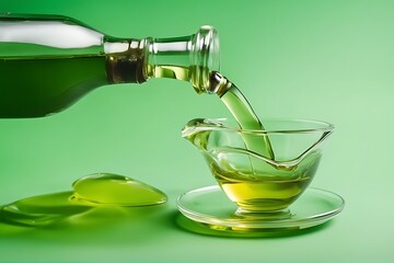 Wall Mural - pouring oil spoon bottle green background