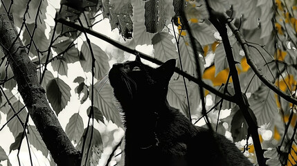 Wall Mural -  A monochrome picture of a feline perched on a leafy tree, gazing upward at its foliage