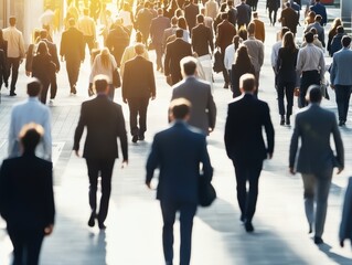 Large group of people walking in city street during morning commute with sunlight in background