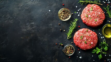 Raw burger patties with herbs and spices on a black background.