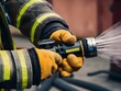 © Leonardo - Bombero sostiene manguera con agua