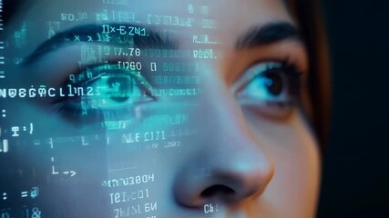 a woman's face with code overlay on the screen, reflected in the eyes.
Concept: data analysis programming, cybersecurity