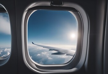 Wall Mural - interior airplane window jet sky clouds plane porthole air aircraft aeroplane blue business cabin clean cloud cloudscape commercial day design element flight flying frame glasses