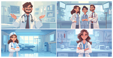 Wall Mural - Cartoon doctor in hospital set. Professional medical workers character in intensive therapy clinic interior, nurse vector illustration