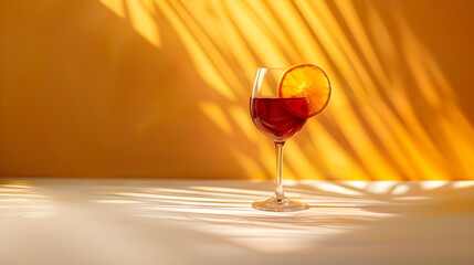 Alcoholic cocktail Aperol Spritz, with an orange slice on the rim, on a fiery orange-yellow background. Banner with space for text.