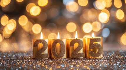 Fototapete - Four golden candles, marked with the year 2025, glow warmly against a backdrop of shimmering lights, evoking a festive atmosphere
