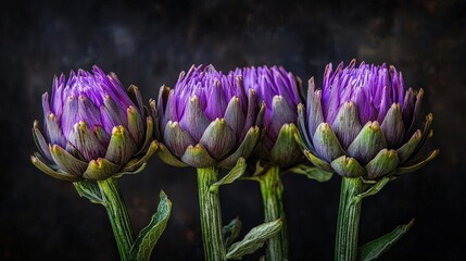 Canvas Print - vibrant purple artichokes stand tall, showcasing their intricate petals and fresh green foliage, illuminated against a dark backdrop