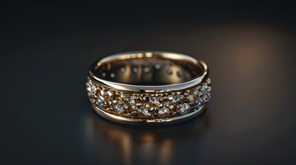 Sticker - A close-up of a gold ring with diamonds on a black surface, ideal for jewelry or luxury product photography