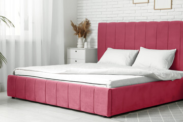 Canvas Print - New orthopedic mattress with blanket on stylish bed in room