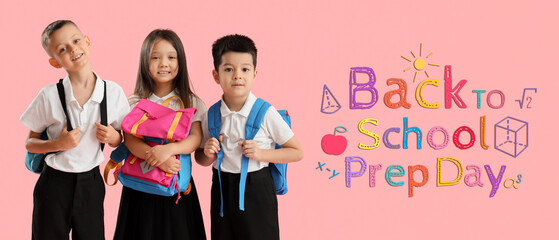 Sticker - Little school children with backpacks on pink background