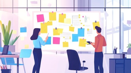 Aufkleber - Two colleagues brainstorming ideas on a whiteboard with colorful sticky notes in a modern office.