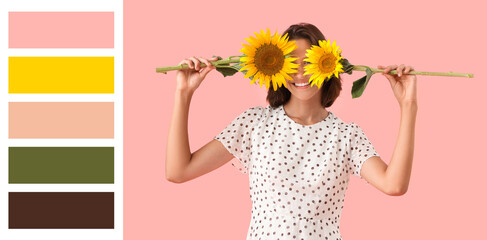 Poster - Beautiful young happy woman with sunflowers on pink background