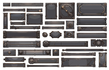 Cartoon metal game menu set. Fantasy iron square frames buttons screen, UI steel asset with gears vector illustration
