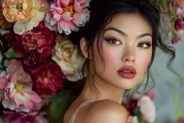 Poster - A young woman gazes softly, surrounded by vibrant flowers, her makeup enhancing her natural beauty in gentle afternoon light