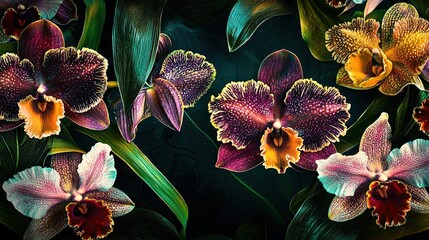 Aufkleber - A stunning arrangement of orchids showcases vibrant colors and intricate patterns, creating a captivating display of nature's beauty