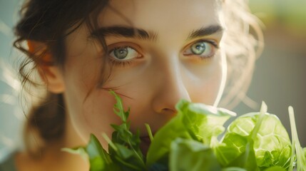 Young Caucasian woman eating a fresh organic green salad lettuce, healthy food with raw plants and natural products, dieting and vegan nourishment and nutrition, and a vegetarian food, vitamins 