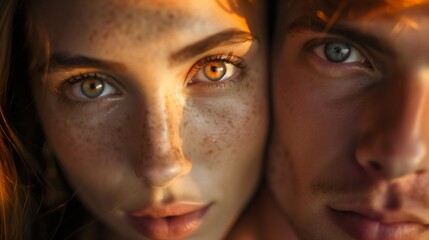 Selfie of a young couple, boyfriend and girlfriend, closeup portrait of a beautiful Caucasian man and woman together, romantic lovers, a wife and husband with clear facial skin, adult people posing