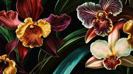Poster - Elegant orchids showcase their vivid colors and intricate patterns, flourishing beautifully in a lush setting surrounded by green foliage