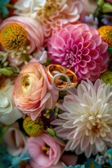 Poster - A close-up of a bouquet of flowers holding two wedding rings, perfect for romantic occasions and celebrations