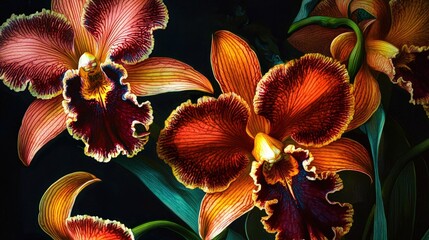 Aufkleber - Gorgeous orange orchids bloom in a tropical garden, showcasing intricate patterns and vibrant colors against a dark background