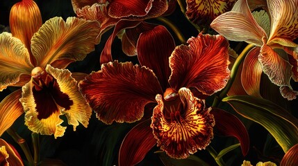 Poster - Lush orchids showcase vivid colors and intricate patterns, flourishing in a garden illuminated by warm late afternoon sunlight