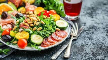 Poster - A vibrant salad featuring fresh greens, various vegetables, cured meats, and nuts is enjoyed outdoors on a sunny afternoon with a refreshing drink